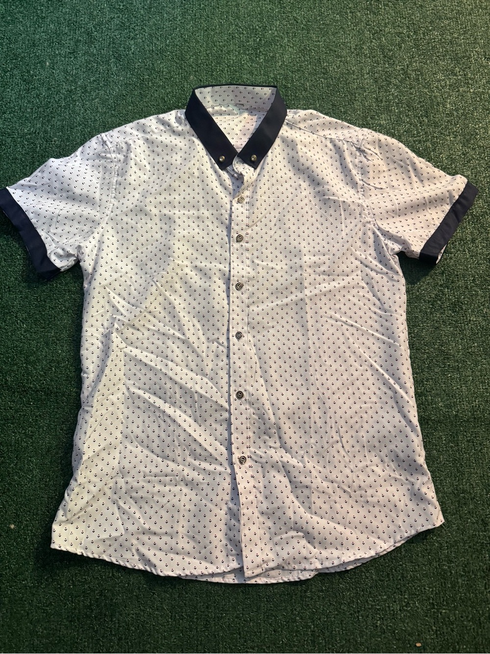 Men's Short-Sleeve White Button-Down Shirt with Navy Contrast